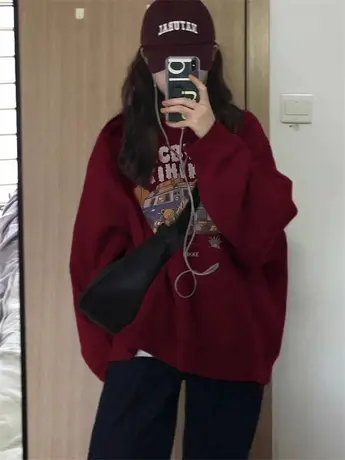 美拉德穿搭酒红色圆领卫衣女加绒加厚情侣高级感长袖套头百搭上衣商品大图