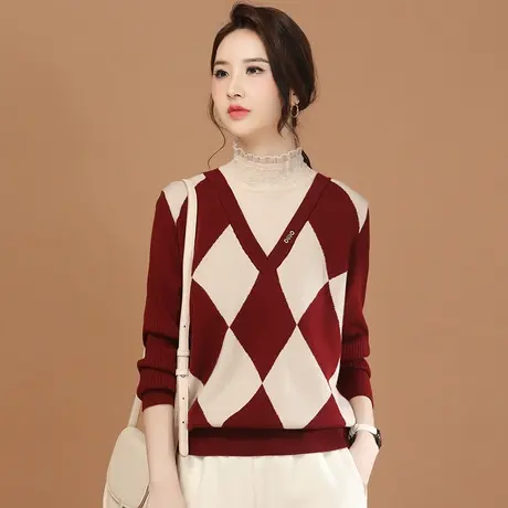 新品85折】设计感半高领菱格纹长袖红色毛衣女2024春新款针织衫商品大图