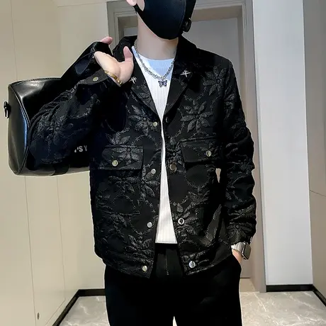 春秋季潮牌花色休闲外套男新款发型师痞帅短款西装领夹克秋装上衣图片