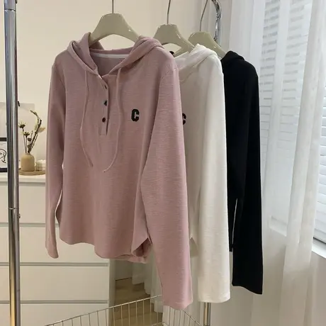 好品质竹节棉刺绣连帽衫女春宽松短款显瘦百搭半门襟长袖T恤新款商品大图