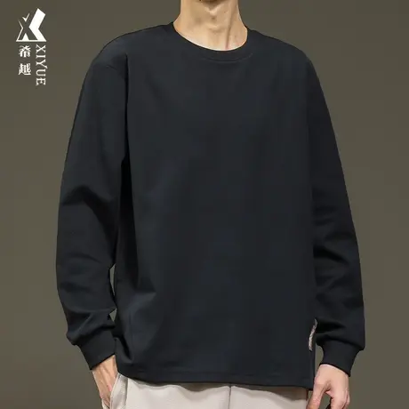 希越黑色净版T恤2024春季重磅精梳棉卫衣宽松大码男士休闲打底衫商品大图