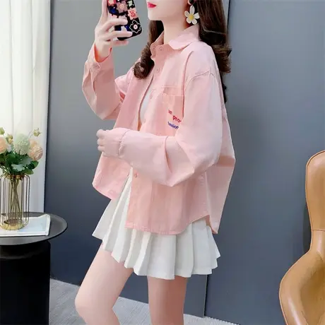 短款小个子糖果色刺绣衬衫女春季2024年新款宽松洋气百搭外套上衣商品大图