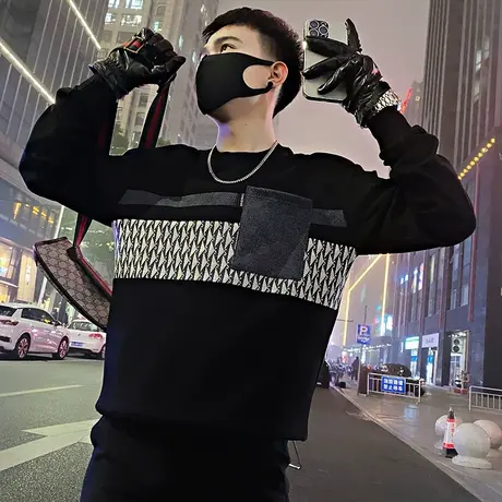 设计感潮牌拼接卫衣男春季宽松痞帅休闲撞色口袋上衣印花长袖T恤图片