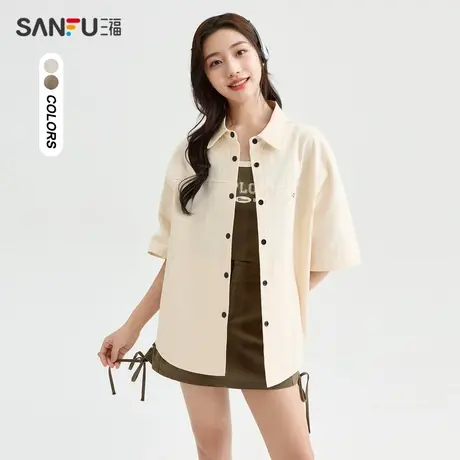 三福衬衫外套女2024夏季口袋休闲宽松时尚翻领短袖上衣女装483049图片