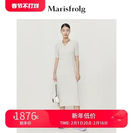 玛丝菲尔夏季新款V领气质素雅浅灰色坑条纹针织短袖连衣裙图片