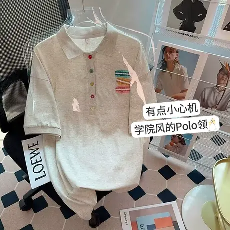 纯棉polo衫短袖t恤女夏季新款设计感小众宽松大码胖mm显瘦上衣服商品大图