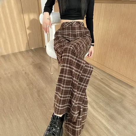 复古格子阔腿裤女春秋季2024新款高腰宽松显瘦垂感直筒休闲拖地裤商品大图