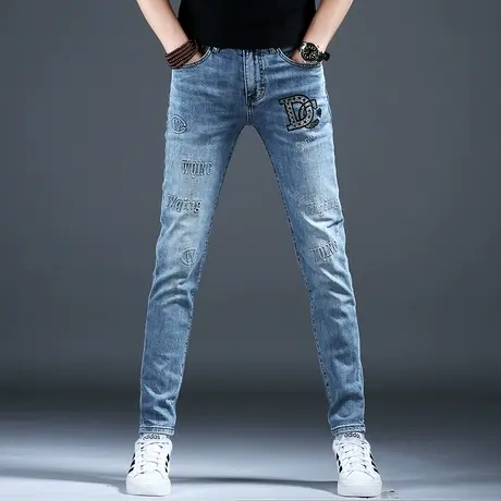 男士刺绣牛仔裤男款小脚修身蓝色裤子潮牌痞帅炸街男2024新款长裤商品大图