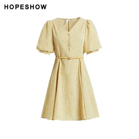 红袖outlets黄色格纹连衣裙hopeshow2023夏季新款女装收腰V领长裙商品大图