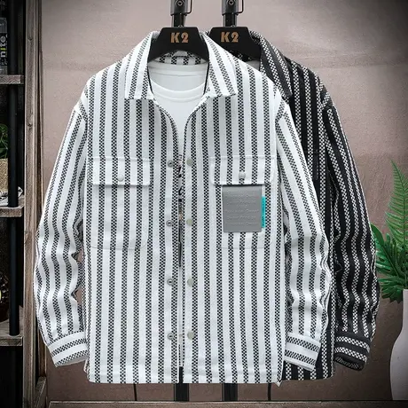 牛仔外套男秋季2022新款潮流休闲条纹衬衫式夹克衫男士秋装上衣服商品大图