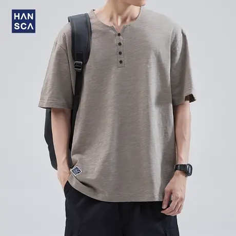hansca 竹节棉短袖t恤男夏季230g重磅美式休闲潮流百搭亨利领上衣商品大图