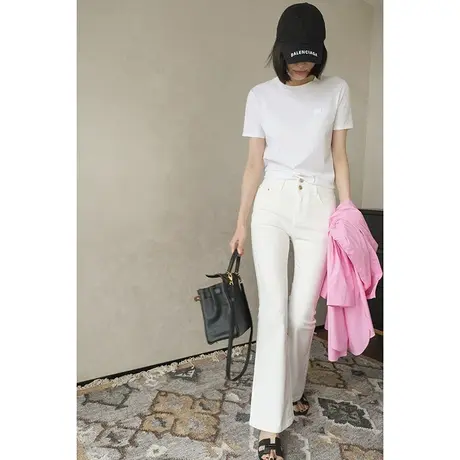 白色牛仔裤女2024春夏新款时尚休闲简约纯色高腰显瘦显腿长微喇裤图片