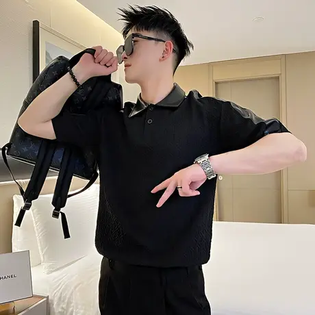 设计感拼接短袖POLO衫男夏季潮牌半袖上衣时尚机车翻领t恤半截袖商品大图