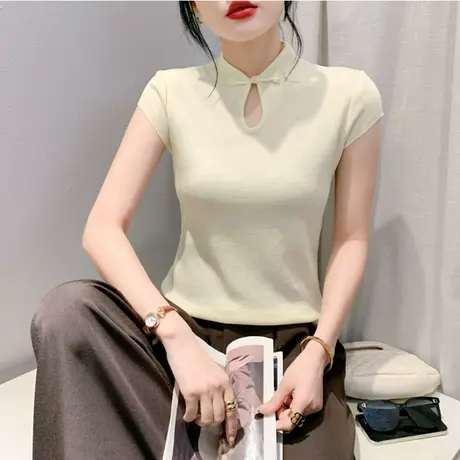 新中式复古T恤女短袖时尚国风盘扣打底衫设计感小众半开领上衣ins商品大图