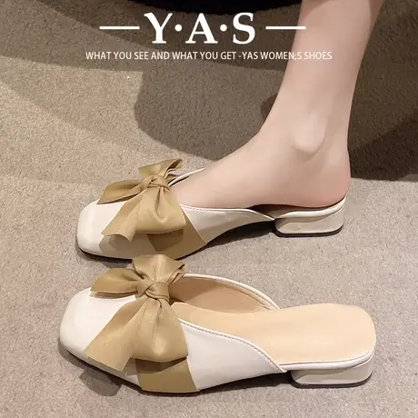 方头蝴蝶结拖鞋女夏外穿ins潮2024年新款百搭仙女平底包头半拖鞋商品大图