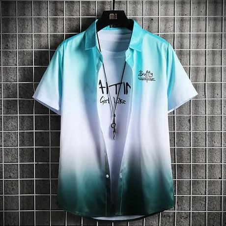 ins夏季短袖衬衫男士韩版渐变色帅气衬衣学生寸衫休闲网红夏装潮图片