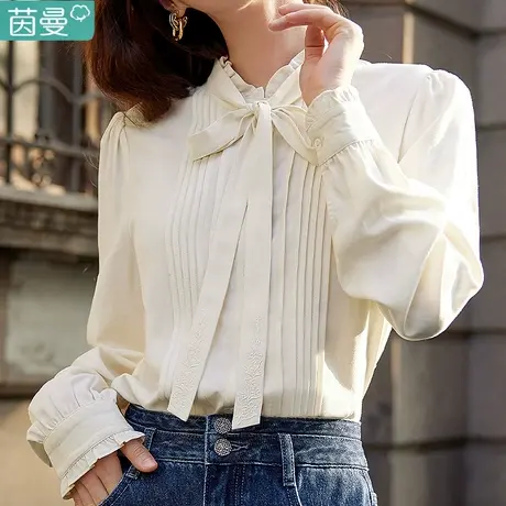 茵曼法式蝴蝶结休闲长袖衬衣女装2024年春季新款通勤职业衬衫上衣图片
