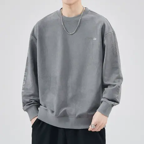 男生早秋高端麂皮绒圆领卫衣春秋款男装无帽套头宽松长袖上衣秋季商品大图