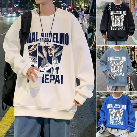 港风无帽卫衣男春秋季宽松圆领长袖上衣ins潮牌卡通印花休闲外套商品大图