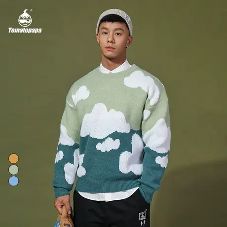 TOMATOPAPA原创欧美文艺毛衣刺绣白云针织衫外套内搭保暖男士衣服商品大图