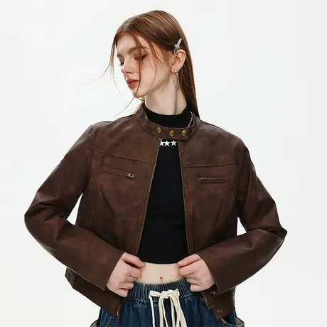 美式复古立领皮衣女新款ins潮牌修身短款辣妹pu皮夹克美拉德外套商品大图