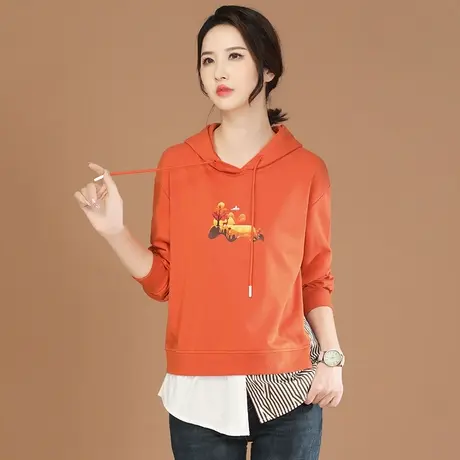 韩潮袭人连帽拼接假两件长袖休闲卫衣女2023秋装新款百搭显瘦上衣商品大图