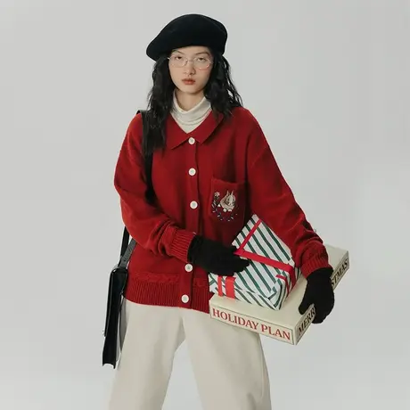 omont蛋挞家 红色圣诞毛衣外套女秋冬2023新款刺绣小个子针织开衫图片