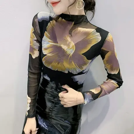 半高领打底衫女秋冬紧身内搭长袖T恤复古洋气小衫网纱加绒上衣潮图片