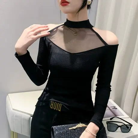 网纱拼接T恤女长袖秋季2023新款性感镂空露肩上衣百搭打底衫修身商品大图