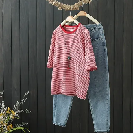 文艺条纹圆领休闲五分中袖打底衫t恤女夏季新款百搭外穿短袖上衣商品大图