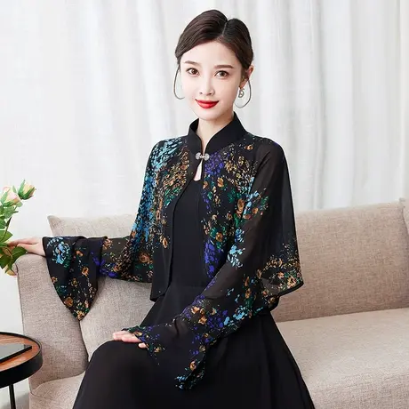 高端微弹免烫斗篷女超仙轻薄立领披肩旗袍外套搭配春季薄款外搭夏图片