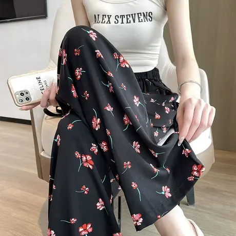 黑色冰丝印花阔腿裤女小众夏季薄款高腰垂感窄版显瘦休闲拖地裤潮商品大图
