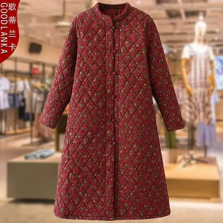 大码女装冬季中老年胖妈妈棉服女宽松显瘦中长款复古碎花夹棉棉衣商品大图