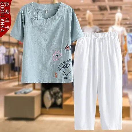 中年妈妈夏装套装2022年新款绣花短袖上衣加肥加大码八分裤两件套商品大图