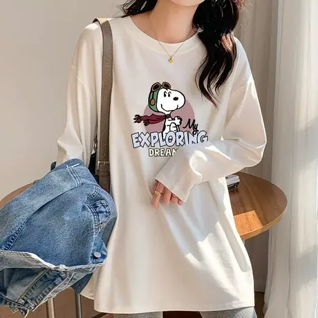 白色长袖t恤女中长款宽松打底衫春秋百搭圆领纯棉ins潮上衣女内搭图片