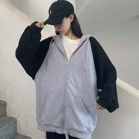 waitmore连帽卫衣女秋冬加绒加厚宽松韩版bf慵懒风开衫外套潮ins图片