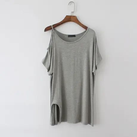 垂感漏肩莫代尔上衣女夏单肩吊带中长款纯色大码宽松短袖露肩t恤商品大图
