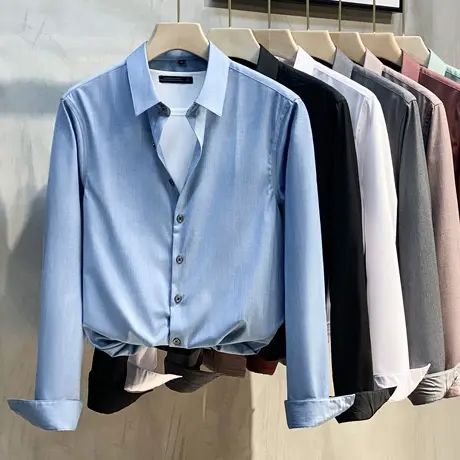 免烫抗皱2023春秋新款男士修身长袖衬衫韩版商务休闲弹力帅气衬衣图片