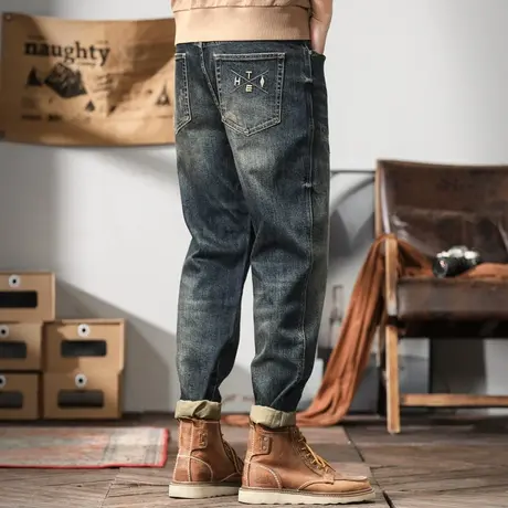 冬季百搭牛仔裤男哈伦裤小直筒个性蓝灰色宽松大码锥形小脚裤弹力商品大图