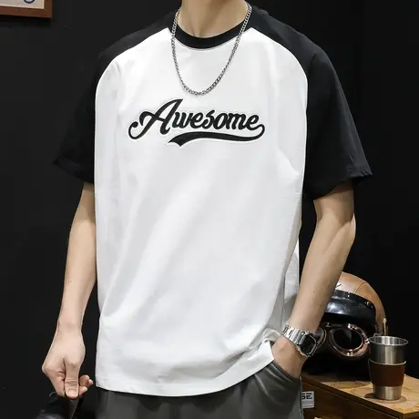 重磅黑白短袖t恤男士半袖夏季2023新款宽松大码潮牌男款男装体恤图片