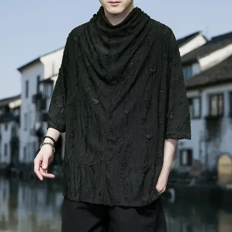 暗黑系山本耀司堆堆领冰丝短袖T恤男夏季小众设计感破洞半袖上衣图片