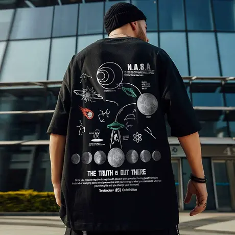 oversize欧美潮牌大码男装中袖国潮NASA宽松短袖T恤潮流胖子半袖商品大图