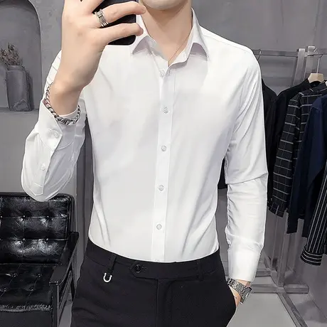 春秋季男士高级感衬衫长袖新款修身休闲潮流商务轻熟风纯色白衬衣商品大图