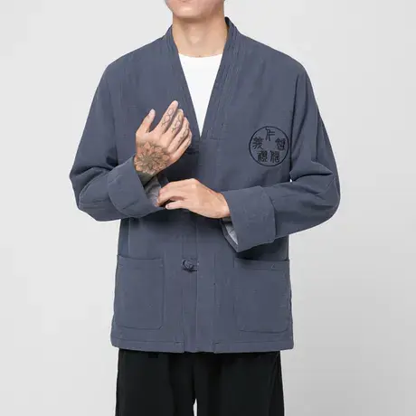 春秋男亚麻夹克中式复古刺绣加肥加大码男装汉服休闲外套盘扣衣服图片