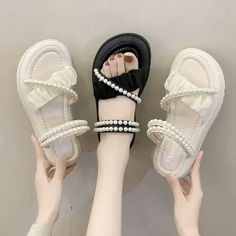 两穿凉鞋女2023年夏季新款时尚珍珠百搭罗马鞋仙女风厚底凉拖ins商品大图