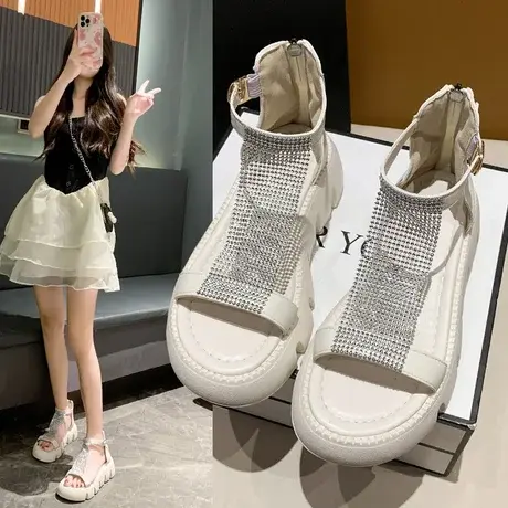 女士罗马坡跟凉鞋夏天新款仙女风一字带厚底防水台露趾中空凉鞋商品大图