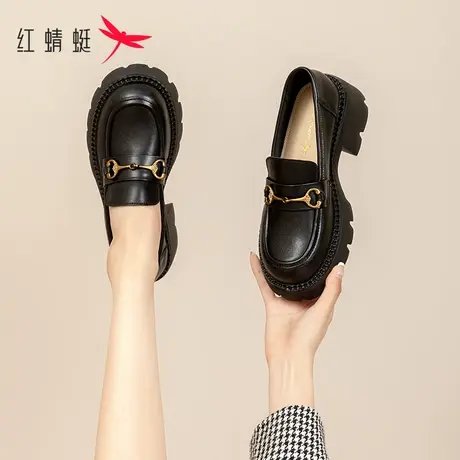 红蜻蜓厚底乐福鞋女2023秋季新款百搭单鞋女英伦风高跟显高小皮鞋图片