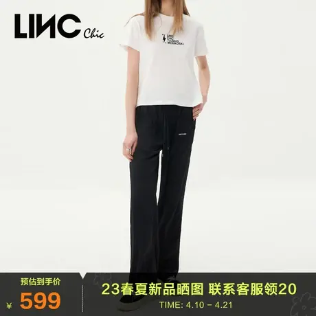 LINC金羽杰2023夏秋季新款弹力橡筋抽绳休闲宽腿长裤女S232PA132Y商品大图