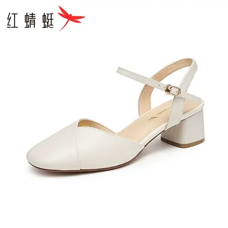 红蜻蜓粗跟凉鞋2023年夏季新款女简约粗跟包头一字带凉鞋WFV23255商品大图