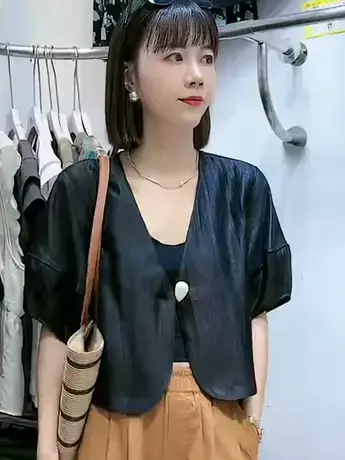 韩版气质纯色V领短袖开衫纽扣衬衫女2023夏季新款时尚洋气上衣ins图片